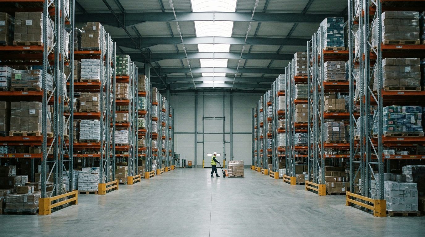 Warehouse aisle with stacked goods